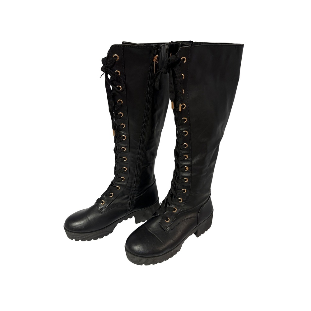 Women Black Faux Leather Lace Up Knee High Combat Boots Size 8